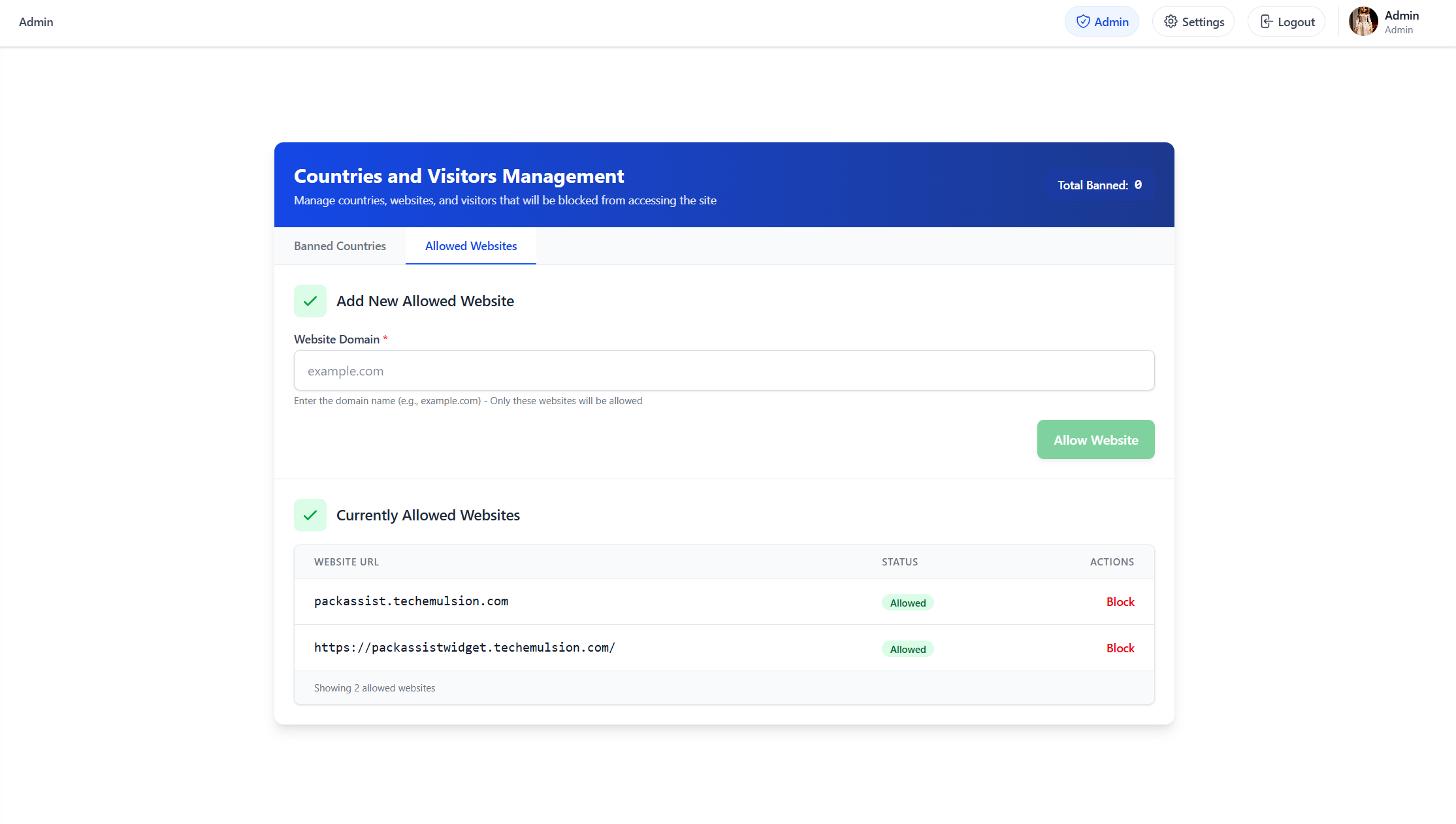 Pack Assist - Websites Allow List Configuration